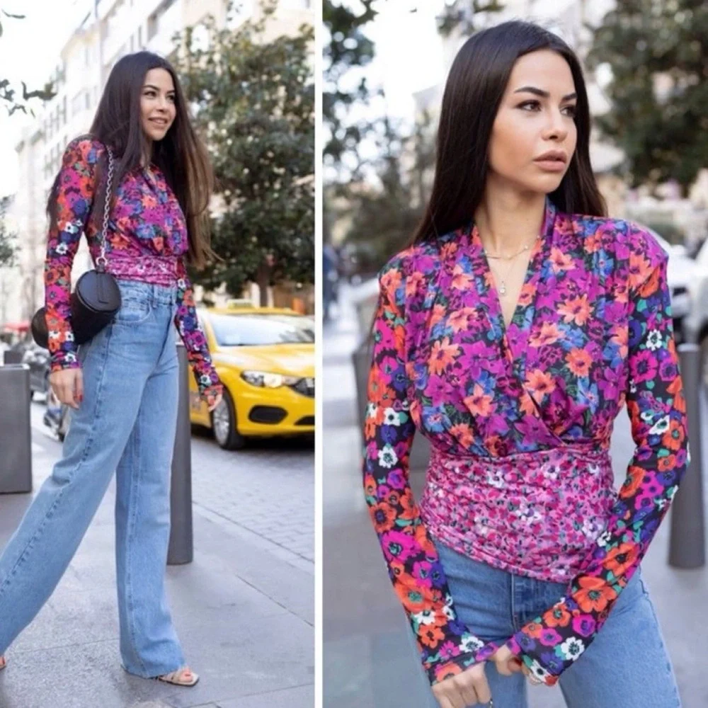 ZARA Floral Wrap Long Sleeve Shoulder Pad Top - Picture 3 of 15